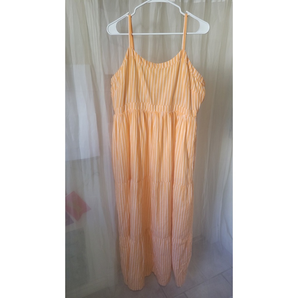 Pact Womens Maxi Dress Orange White Stripe Tiered Smocked Pockets Size XL